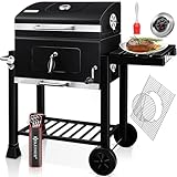 KESSER® Grill Grillwagen BBQ Smoker XL Holzkohlegrill mit Deckel, Rädern, Edelstahl-Griff, Grillrost und Thermometer, 8 Spieße mit Tasche & Silikon-Pinsel, Standgrill, Kohlegrillwagen