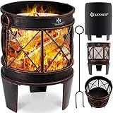 KESSER® Feuerschale Inkl. Abdeckung Feuerkorb mit Funkenschutz & Griffen + Schürhaken Feuerstelle 58 x 45 cm für Garten & Terrasse Metall Antik-Rost-Optik Multifunktional Fire Pit Heizung BBQ braun