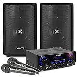 Karaoke Anlage mit 2 Mikrofonen - Vonyx SL8 PA Lautsprecher Set 400 Watt und Fenton AV440BT Bluetooth Verstärker, Mobile PA Anlage Komplettset mit Kabeln, DJ Anlage, Karaoke Set, Karaoke Maschine