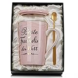 Beste Freundin Geschenke für Frauen, Beste Freundin der Welt Tasse – Geburtstagsgeschenk Geschenk für Freundinnen Geburtstag, 400ml Rosa Freundschaft Keramikbecher mit Deckel, Löffel, Geschenkbox