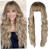 Blonde Perücke 31, 5-Zoll-lange lockige Perücke mit Pony natürlichen blonden Wellen mit Knall