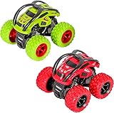 m zimoon Monster Trucks Spielzeug, Zurückziehen Trägheit Reibungsbetriebene Autos 360 Grad Rotierendes Geländewagen Spielzeugauto für 3-10 Jahre Alte Jungen Mädchen Kinder (2 Stück, Grün Rot)