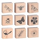 9 Stück Vintage Holzstempel,Stempel Holz,Schmetterling Blumen Motive Holzstempel Set,Naturpflanzen Mustern Vintage Motivstempel,für DIY Handwerk Basteln Scrapbooking