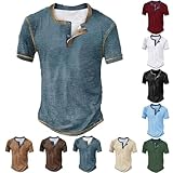 2025 T-Shirts für Herren Henley Shirt Sommer V-Ausschnitt Shirt Kurzarm T Shirt Kurzarmshirt Sportshirt Atmungsaktiv Herren Hemden Vintage Casual Baumwolle Slim Fit T-Shirt Tee Streetwear
