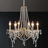 Gold Kristall Kronleuchter Modern, 6 Flammig Vintage Kristall Lampe Deckenleuchte Kronleuchter Wohnzimmer Hängeleuchte E14, Goldene Hängelampe Metall Pendelleuchte für Schlafzimmer Küche Esszimmer