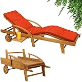 Casaria® Sonnenliege Holz inkl. Auflage Orange 320kg Belastbar 2 Personen Klappbar Gartenliege Räder 195x55cm Verstellbar Ablage Akazie Liege Terrasse Wetterfest