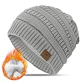 KEECOW Damen Beanie Mütze Warme Wintermütze mit Weichem Innenfutter Gefütterte Strickmütze für Ski Sport Outdoor(Grau)