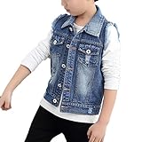 LaoZan Kinder Jungen Ärmellose Jeansjacke Jeansweste Denim Slim Fit Outwear Mantel Blau 140CM