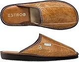 ESTRO Hausschuhe Herren Leder Herrenhausschuhe - Hausschuh Männer Pantoffel Pantoffeln Pantoletten Slipper Mann Warm Rust (44 EU, Kamel, 44)