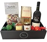 Präsentkorb Italia gefüllt mit Rotwein, Pasta, Sugo, Grissini, Gewürzmischung und Amaretti | für einen italienischen Abend zu zweit | Ein Weingeschenkset für Männer und Frauen