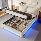 OKimmy Bett 140x190cm Polsterbett mit Stauraum, Boxspringbett mit USB-C-Anschlüssen, LED-Beleuchtung, Abnehmbaren Kissen, Bettgestell Doppelbett mit Lattenrost, Leinen Beige