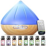 Aroma Diffuser für Ätherische Öle, 500ml Diffusor mit 8x10ml Ätherische Öle Set, Fernbedienung Luftbefeuchter Raumduft mit 14-Farbigem LED-Licht für Schlafzimmer