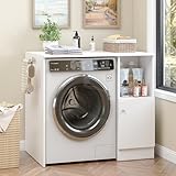 Waschmaschinenschrank,Überbauschrank für Waschmaschine und Wäschetrockner,platzsparender Badezimmerschrank mit Offenes Fach&Schrank&Seitenstange,Waschmaschinenregal,Trockner Schrank,für Bad,Weiß