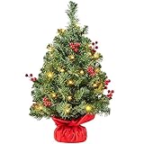 Yaheetech 50cm Mini Künstlicher Weihnachtsbaum mit 35 Warmweiß LED Beleuchtung & 40 Roten Beeren Kleiner Christbaum Tisch Tannenbaum für Weihnachtsdeko, Grün