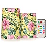 Wudan Tropacal Palmblätter, rosa Hibiskusblüten, gelbe Kerzen, flammenlose Timer-Kerze mit Timer, flackernd, flammenlos, für Schlafzimmer, Festival-Dekoration