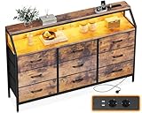 ODK Kommode mit Schubladen, Schubladenschrank mit 2 Steckdosen 2 USB-Anschlüssen und Farbwechselnder LED-Lichtleiste, mit 9 Stoffschubladen, Geeignet für Schlafzimmer, Wohnzimmer, Vintage Farbe