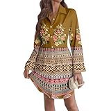 Generisch Blusenkleid Damen Herbst Hemdkleid V-Ausschnitt Lockeres Shirtkleid Langarm Herbstkleid Damen Knielang Blumenkleid Boho Elegant Hemdblusenkleid mit Tasche und Knopf Freizeitkleid