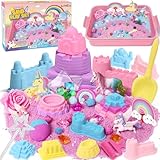 Kinetischer Sand, Geschenke für Mädchen Einhorn Magic Spielsand Koffer mit 900g Regenbogen Knetsand Einhorn Figure Strandwerkzeuge Sensorisch Sandspielzeug Zaubersand Einhorn Geschenk für Mädchen 3+