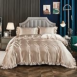 Freyamy Bettwäsche 135x200 Glatt Luxus Seide Bettwäsche Set Khaki Champagne Einfarbig Rüschen Romantisch Sommer Bettwäsche Sets 1 Bettbezüge und Kissenbezug 80x80 mit Reißverschlüsse