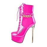 blingqueen Plateau Stiefeletten High Heels Damen Stiletto Ankle Boots Schnürstiefeletten Halbstiefel Lacklederoptik Viva Magenta 36 EU