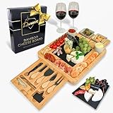 Bambus Käsebrett und Messer-Set Keramik-Schalen Weinöffner – 100% Bio-Holz Serviertablett Charcuterie Board perfekte Wahl für Gourmets, Geburtstagsgeschenke und Mütter