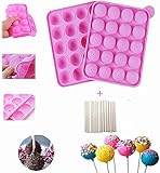 YIQI 20 Hohlraum Formen Silikon Lollipop Tablett - Größe 22.5*18*3 cm Kreis Durchmesser 4 cm , hitzebeständig -40°C zu 230°C mit 20 Sticks (Rosa)