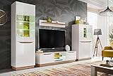 Generisch Wohnwand Fame Wohnzimmerset Wohnzimmer Wand Regal TV Wand Matt Hochglanz Vitrinenschrank Lowboard Wandregal mit LED (Weiss/Artisan Eiche)