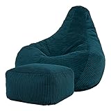 Icon Dalton Sitzsack mit Hocker Cord, Blaugrün, Gaming Sitzsack Erwachsene mit Füllung, Bean Bag, Cord Sessel, Lounge Sessel, Lounge Stuhl, Schlafzimmer, Wohnzimmer, Wohnzimmer Möbel
