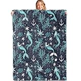 MIEPOS Magische Meerjungfrauen-Überwurfdecke, 101,6 x 127 cm, weich, leicht, Flanell, Ozean-Abenteuer, Anker, Seestern, dunkle Decken, Geschenke für Kinder, Frauen, für Couch, Büro, Reisen, Zuhause