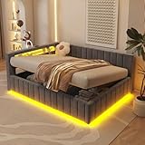 KEYIDE Polsterbett Schlafsofa 140x200, Mit hydraulischem Stauraum, Mit LED-Licht und USB-Ladeanschluss, Mit Rückenlehne, Kopfteil und Stabilem Bettrahmen, Samtstoff, ohne Matratze