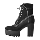 MissHeel Plateau Stiefeletten Schürstiefel mit Blockabsatz Faux Suede High Heels Schwarz Knöchelstiefel Schnüren Laufsohle Wildleder Bikerstiefel EU45
