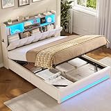 Polsterbett 140×200cm Hydraulisches Stauraumbett mit LED-Bleuchtung Jugendbett mit USB- und Type-C-Anschlüsse Doppelbett Bettgestell mit Holzlatten, Leinenstoff, ohne Matratze (Beige, 140x200cm)