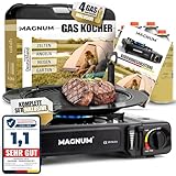 Magnum® Gaskocher mit Grillplatte inkl. 4 Gaskartuschen - robuster Campingkocher mit Gaskartusche – Gaskocher mit Kartusche 1-flammig – Campingherd stufenlos regulierbar mit Piezozündung