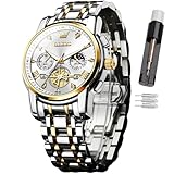 OLEVS Herren-Armbanduhr mit Zeitcode, Edelstahlarmband, Leuchtend, wasserdicht, multifunktional, Unterzifferblatt, Business-Kleid, Quarz, rund, Luxusuhren für Herren, 2856, zweifarbiges Armband mit