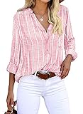 Cindeyar Bluse Damen Langarm Streifen Oberteile Casual Langarmshirt Tops Lose Baumwolle Tunika Hemd (M, Rosa)