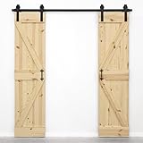 SEART Massive Kieferschiebetür Scheunentür, zweiflügelig Set mit Schiebetürbeschlag (Rohholz)