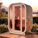 FinnTherm Fasssauna Ellipso S, Moderne Outdoor Sauna inkl. Dacheindeckung, Kompakte Gartensauna mit Glasfront, Außensauna: B 136 x T 119 x H 203 cm, 2 Personen