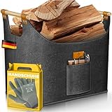KESSER® Brennholzkorb 90 Liter | Kaminholztasche extra dicker Filz | Feuerholzkorb faltbar mit verstärkten Holzgriffen | Aufbewahrungskorb für Holz, Zeitung oder Brennholz | Inkl. Arbeitshandschuhen