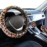 Muorruo 3-teiliger Flauschiger Auto-Lenkradbezug, universelle Passform, Fell-Auto-Radabdeckung & Handbremsenabdeckung & Schalthebelabdeckung-Set, Leopardenmuster, Warmer, Flauschiger