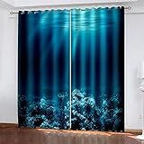 Vorhänge Blickdicht Gardinen Wohnzimmer Verdunkelungsvorhang Schlafzimmer Kinderzimmer Thermovorhang 3D Blauer Unterwasser-Bernstein Muster Ösenschal 2Er Set Fensterdekoration 210X220Cm