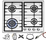 Phönix PS-603T Einbau Gaskochfeld Edelstahl Gaskocher 4 Kochplatten Propan-/ Erdgas inkl. Gasschlauch-Regler Set für Propangasflaschen + Guss WOK Aufsatz + Herdkreuz