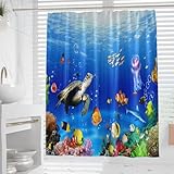 Hixingo Waschbar Duschvorhang Wasserabweisend Duschvorhänge, Polyester Shower Curtains, Tropische Unterwassertieredruck Shower Curtain, mit 12 Duschvorhängeringen (165x180cm,Unterwasserwelt)