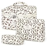 YMIFEEY 3 Stück Kosmetiktasche Kulturtasche Damen Kulturbeutel Make Up Tasche Groß Klein Set, Schminktasche Makeup Bag Waschtasche Reise Cosmetic Bag Beauty Case Organizer für Frauen (Leopard)