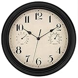 Foxtop Wanduhr Outdoor Wetterfest Gartenuhr Uhr für Draußen Wetterfest mit Thermometer und Hygrometer Gartenuhr Wanduhr Ohne Tickgeräusche Lautlos Retro 30cm
