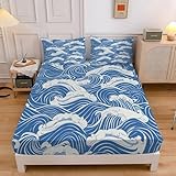 Spanbettlaken 140x200 Wellen Spannbetttuch Meer Bettlaken Boxspringbett mit Gummizug Spannbettuch Mikrofaser für Matratzen von 30 cm Mit 2 Kissenbezüge 80x80 cm