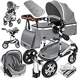 KESSER® Loops 3 in 1 Kinderwagen Kombikinderwagen Komplett-Set inkl. Babywanne & Buggy Sportsitz & Auto-Babyschale Voll-Gummireifen Wickeltasche Regenschutz Kindertisch ECE R129, Grau/Silber