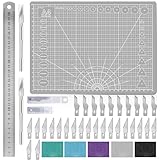 Miuzei Schneidematte Set A4 mit 30stk Bastelmesser und Stahllineal,Selbstheilende Bastelunterlage Schneideunterlage Cutting Mat Basteln Zeichenunterlage Bastelskalpell Bastelmatte (Grau)
