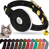 OOPSDOGGY Reflektierendes AirTag-Katzenhalsband aus Leder mit Glöckchen, nicht abreißbar, verstellbares Haustierhalsband mit Apple Airtag-Halter, leichtes GPS-Kätzchen-Halsband für kleine Hunde,