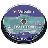 Verbatim DVD-RW 4x Matt Silver 4.7GB, 10er Pack Spindel, DVD Rohlinge beschreibbar, 4-fache Brenngeschwindigkeit & Hardcoat Scratch Guard, DVD leer, Rohlinge DVD wiederbeschreibbar