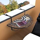 Balkonhängetisch aus Eisen mit Keramik-Mosaik, Halbrundes Design, Beistelltisch Outdoor, Loungetisch Balkon, Praktisch und Platzsparend, Terrakotta und Weiß, 76 x 56 x 64 cm